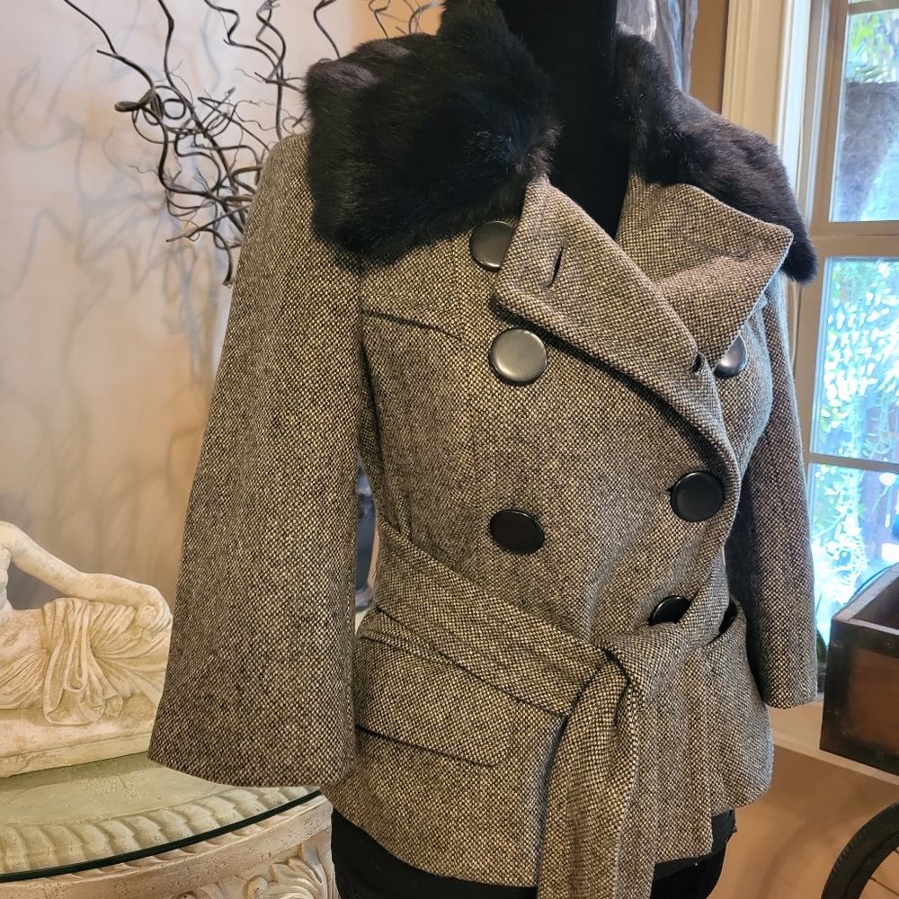 Bebe Wool Blend, Rabbit Fur Trim, Double Breasted Jacket Size XS. Designer H05 - Picture 6 of 14
